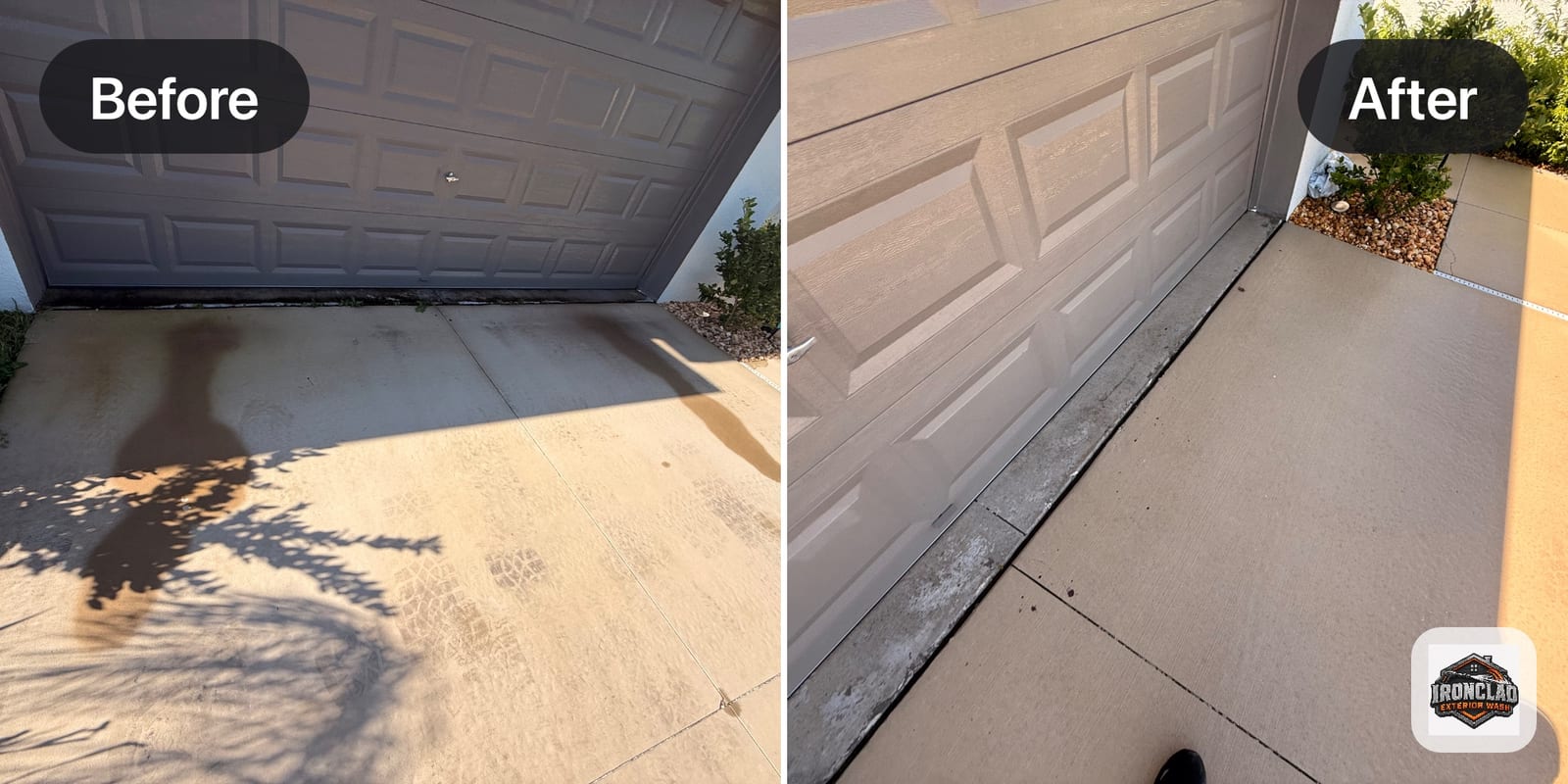 Before and after of a garage apron and driveway: dirt, tire marks and organic staining on the left, clean even concrete on the right.