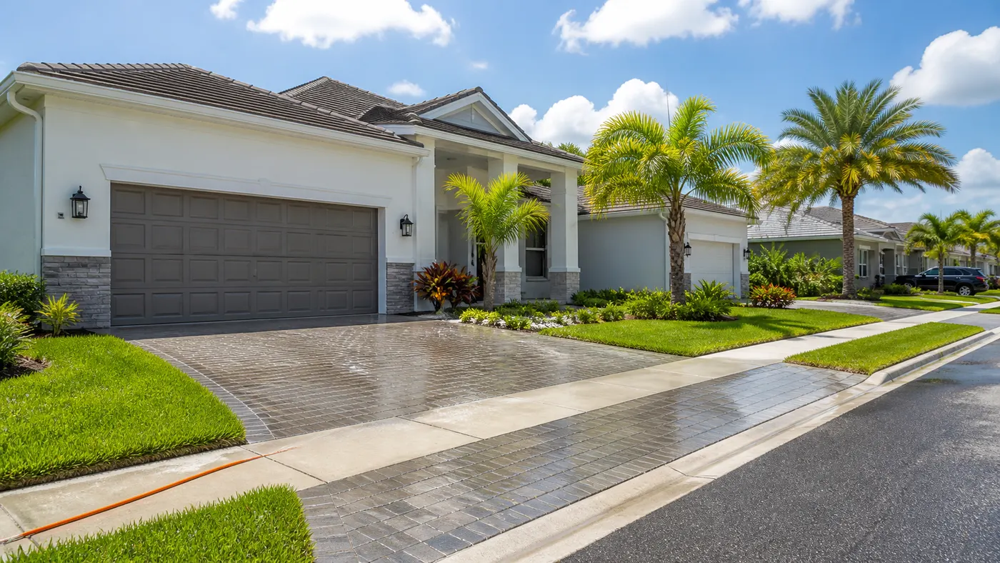Florida residential neighborhood with driveways and palm landscaping