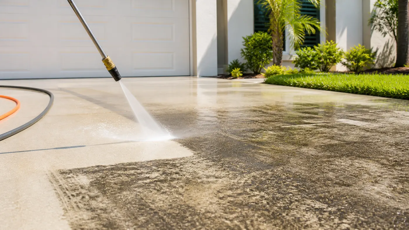 Pressure washing a Florida home's concrete driveway