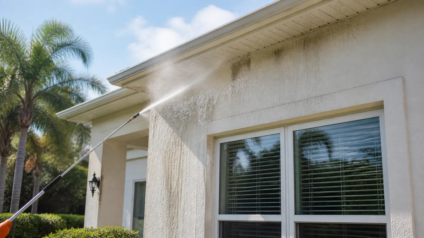 Soft washing the stucco exterior, soffit, and fascia of a Florida home