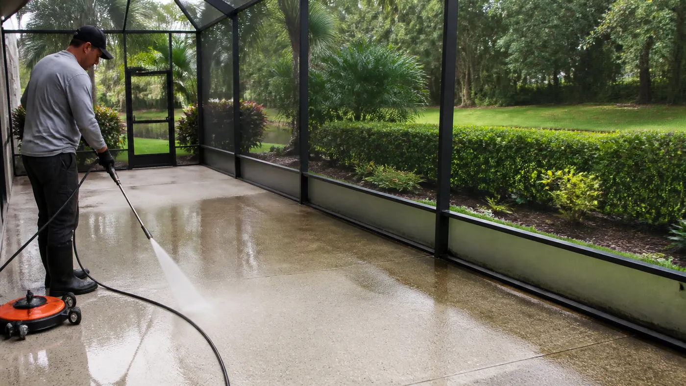 Cleaning a screened Florida lanai patio floor with pressure washing equipment
