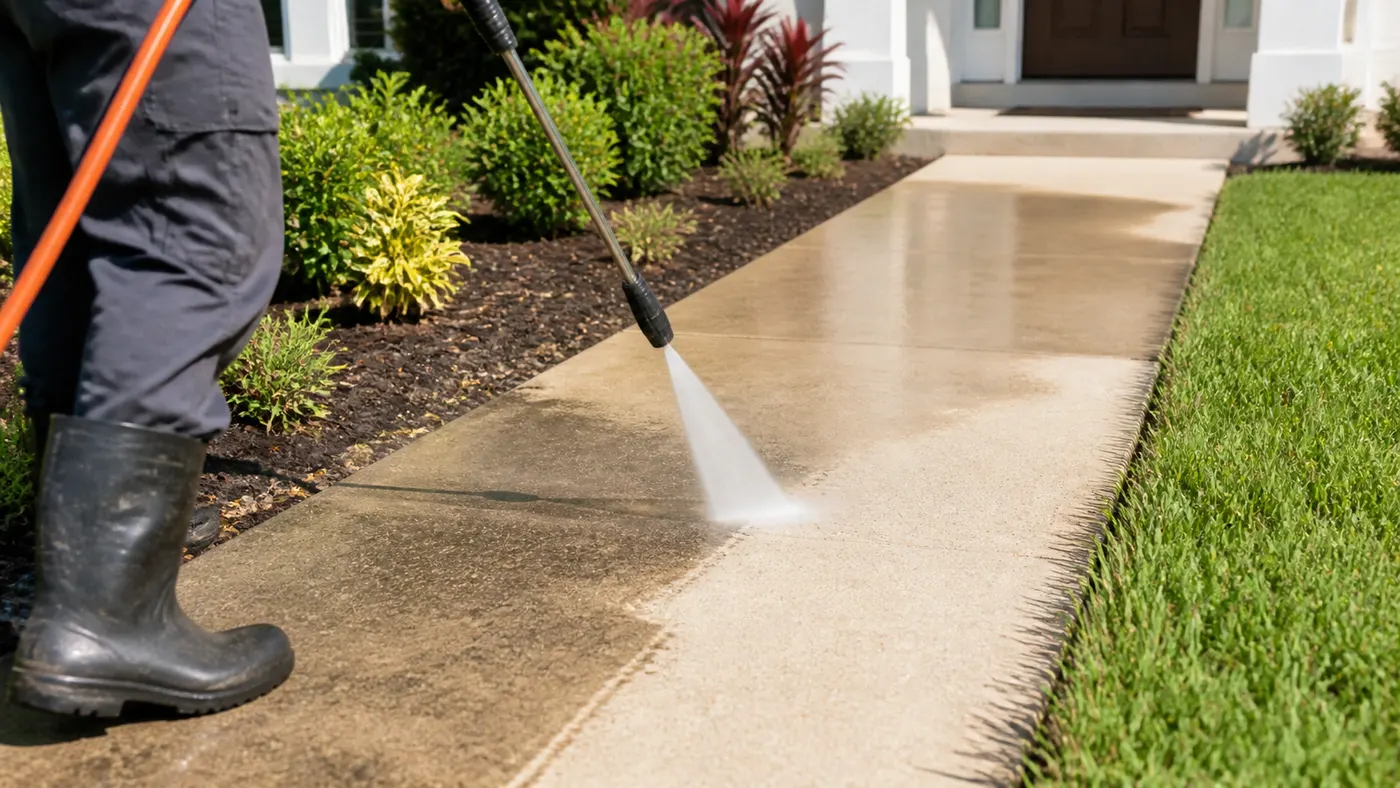 Pressure washing a residential walkway leading to the front entry